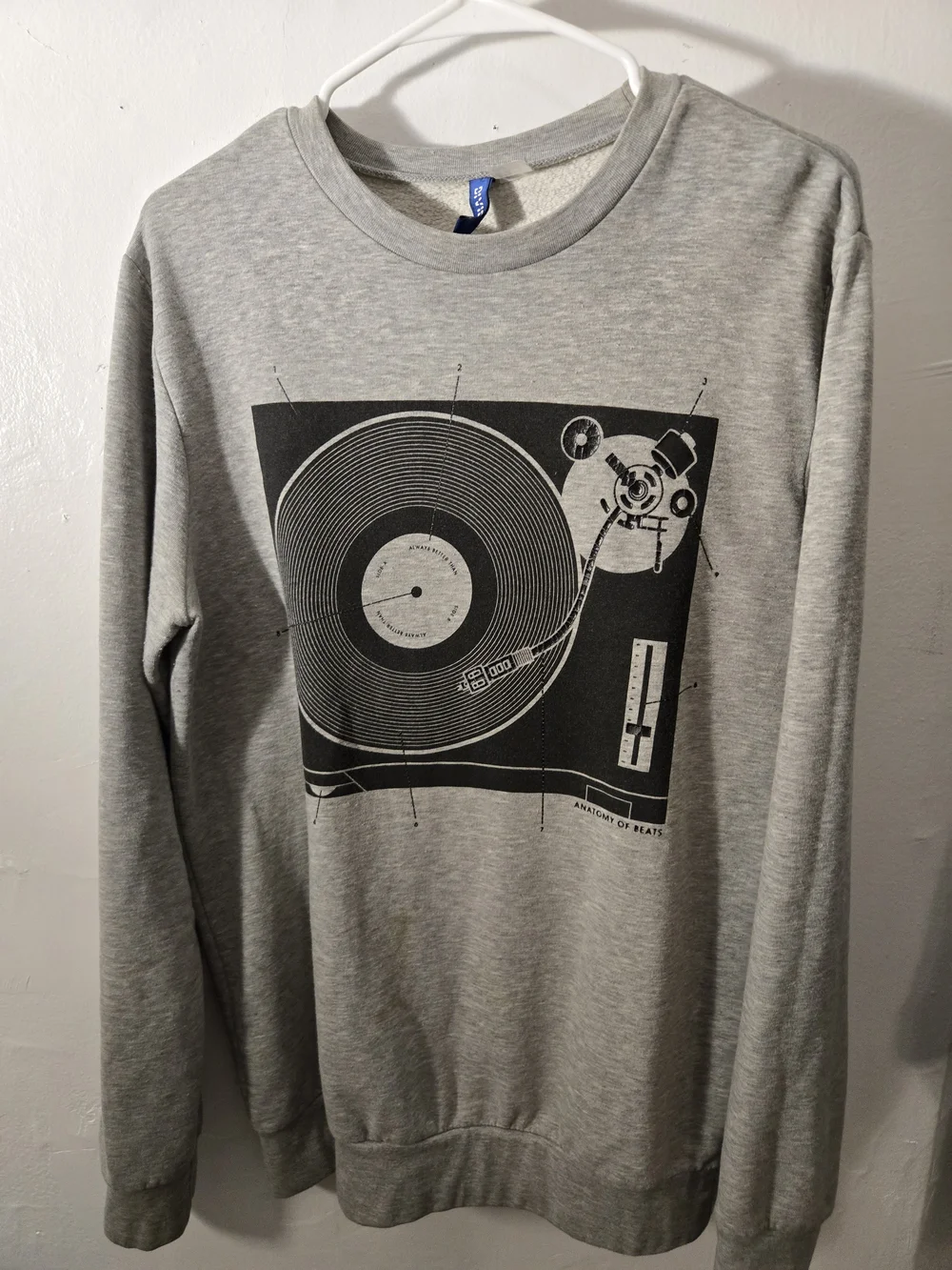 Grey Crewneck Sweater with Black Record-Player Graphic